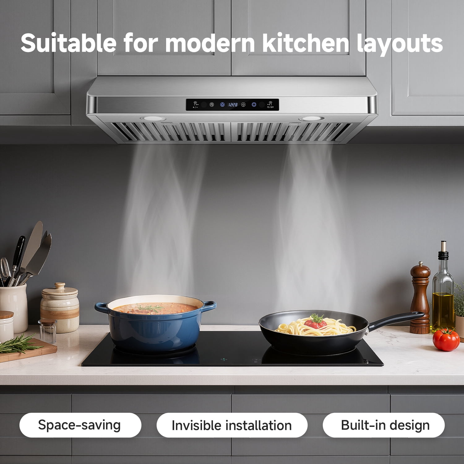 Aobosi 30" Under Cabinet Range Hood, 1050 CFM Dual Fans Motor Stainless Steel Vent Hood, 3-Speed with Touch & Remote Control, LED Lights, Dishwasher-Safe Filters