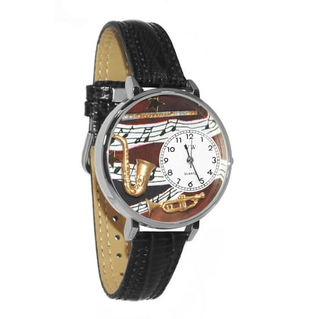 Whimsical Wind Instruments Black Skin Leather And Silvertone Watch
