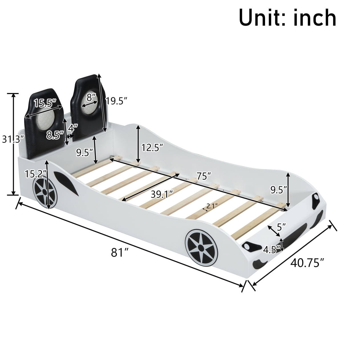 Wood Twin Size Race Car-Shaped Platform Bed with LED and Upholstered Backrest, White    RR