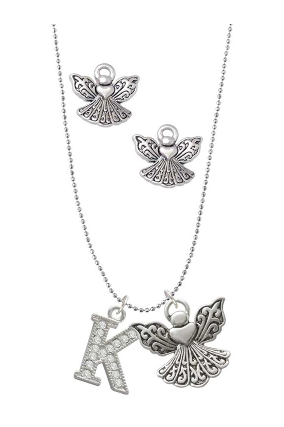 Silvertone Crystal Initial - K - Silver tone Guardian Angel Charm Necklace and Stud Earrings