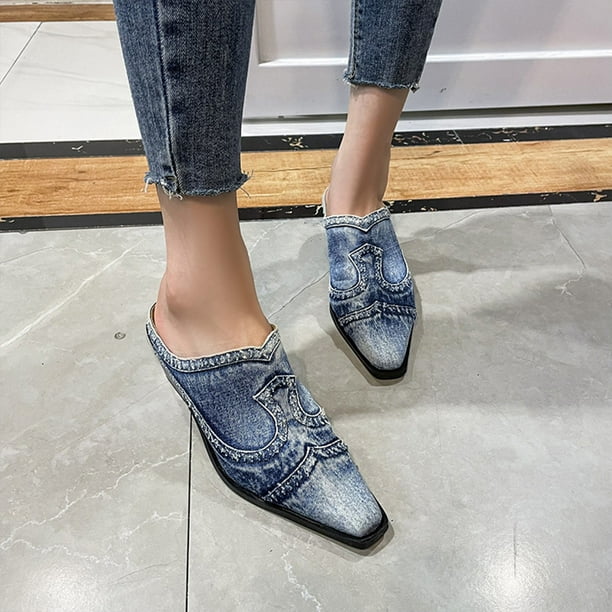 Essentials Pointy Toe Mule with Block Summer Denim Slippers Cowboy Shoes UK Sale Pointed Toe Slip on Chunky Heels Slide Mules for Women - Walmart.com