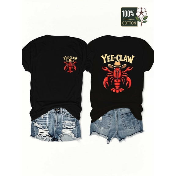 Funny YEE-CLAW Crawfish Cowboy Hat Graphic T-Shirt, Southern Country Western Inspired Unisex Adult Tee Top, Perfect for Crawfish Boils & Parties