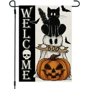 Halloween Ghost Cat Boo Garden Flag 12x18 Inch Small Double Sided Burlap Welcome Yard Fall Party Outside Decoration