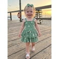 thumbnail image 4 of BemeyourBBs Newborn Baby Girl Smocked Romper Dress Summer Outfit Strap Sleeveless Square Neck Daisy Cherry Print Layered Ruffled Dress and Bow Headband 2Pcs Clothes Set, 4 of 9