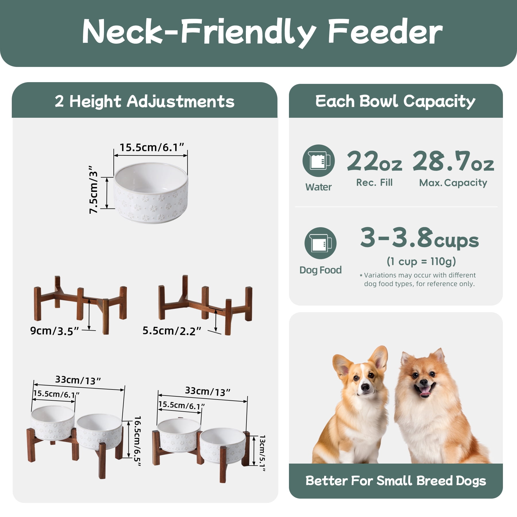 LarqeeWare Ceramic Raised Double Bowls Set with Acacia Wood Stand, 2 Heights Elevated, Food & Water Bowls for Small Breed Dogs, Weighted Dog Dishes, Pet Bowl,6.1inch (27oz, Arctic White)