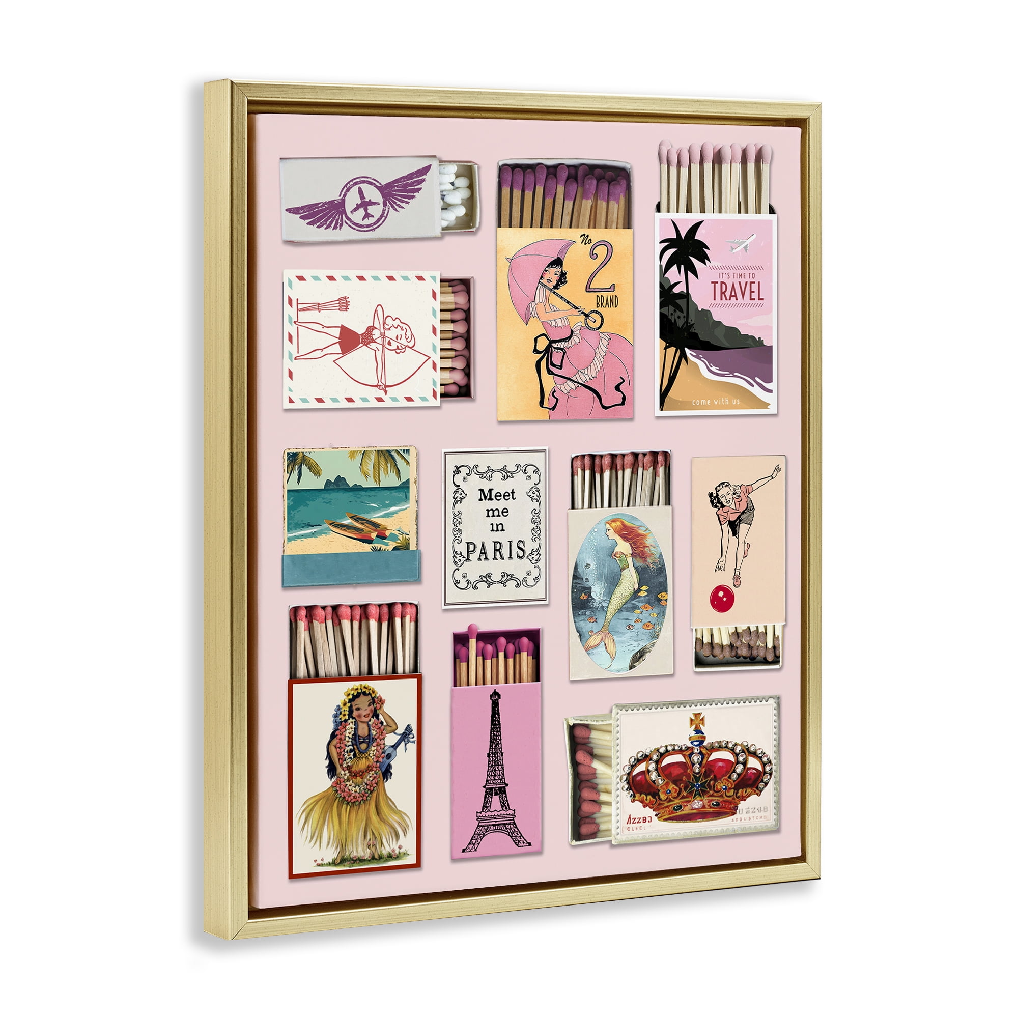 Stupell Industries Vintage Travel Matchbook Montage Gold Framed Floater Canvas Wall Art, design by CAD Designs