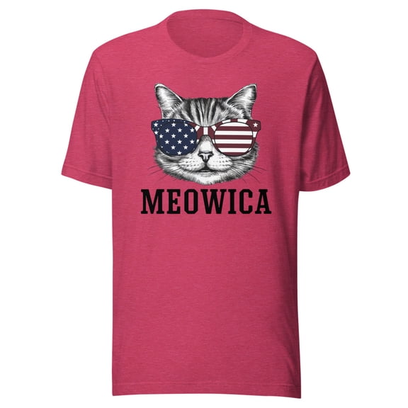 Meowica Shirt, Unisex, Meowica 4th of July Shirt, Ameowica Shirt, Funny Patriotic Cat Shirt, Cat American Flag, Meowica Cat Sunglasses (Heather Raspberry, S)