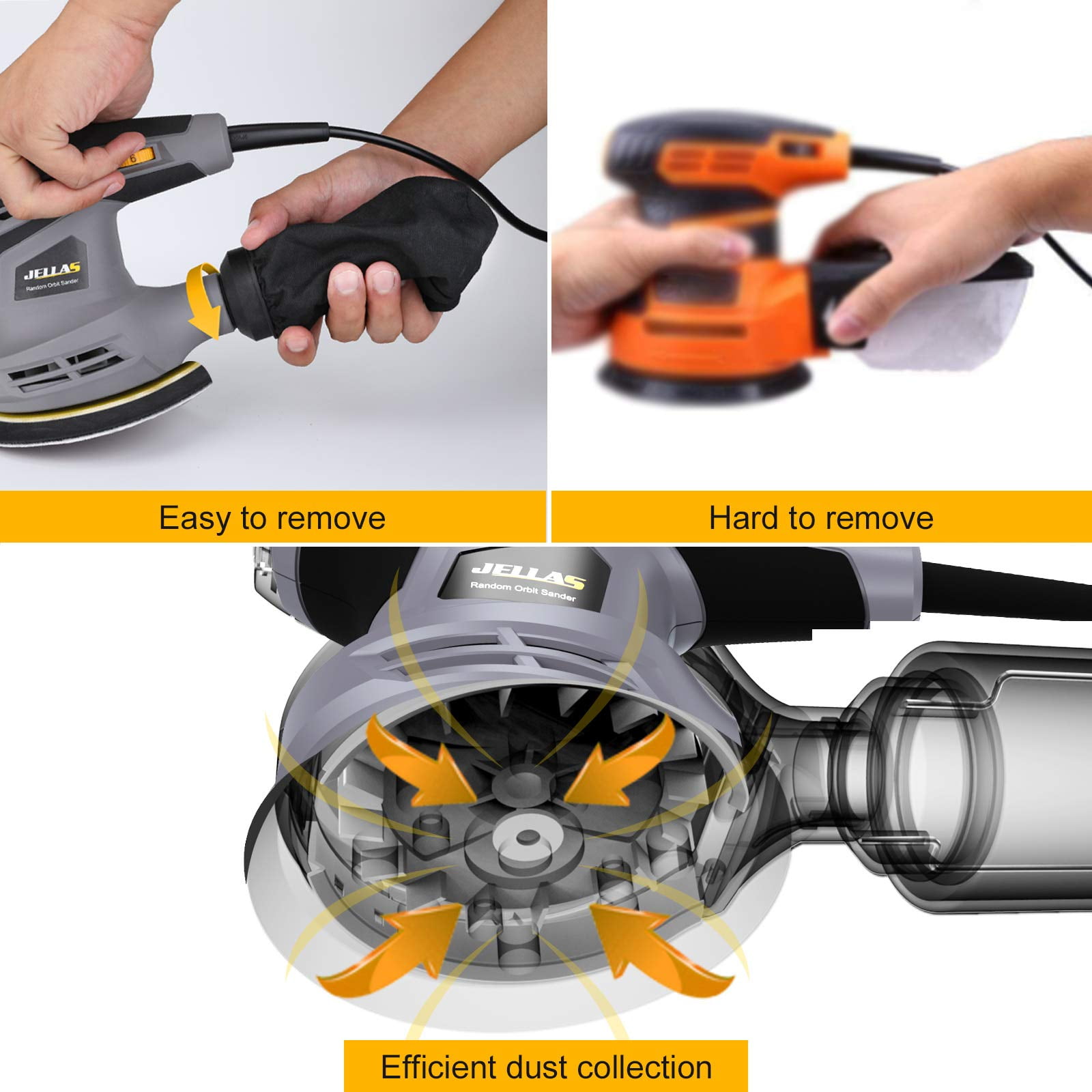 Jellas 5-Inch Random Orbital Sander with 18-Piece Sandpaper Set, 13000 RPM 6-Speed Adjustable Sander with High-Performance Dust Collection, Motor & Included Dust Bag for Flawless Wood Finishing