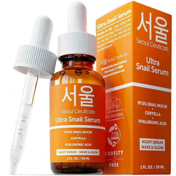 SeoulCeuticals Korean Skin Care 97.5% Snail Mucin Serum – K Beauty Skincare Anti Wrinkle Cica Night Serum Hyaluronic Acid for Face 1oz