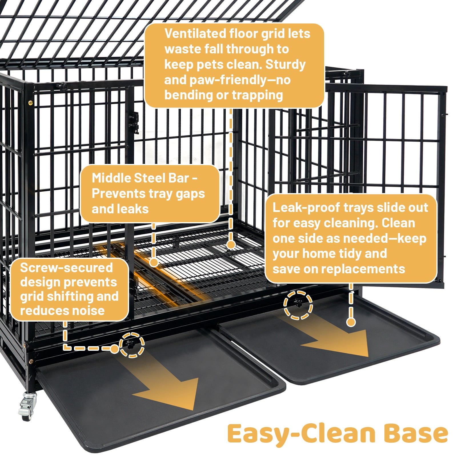 47 Inch Heavy Duty Large Dog Crate, Stackable Indestructible Big Cage for High Anxiety Dogs, Escape Proof XL Dog Kennel Indoor with Auto Locks, No-Noise Grid, Dual Trays, 360° Wheels(2 Tier)