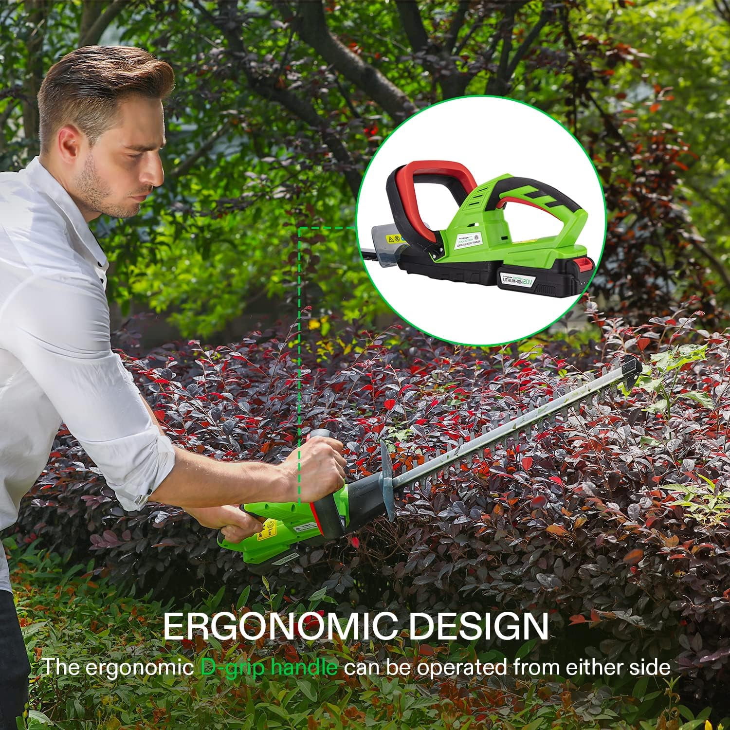 20 Inch Cordless Hedge Trimmer with Dual-Action Blade and 2 Batteries for Garden Shrub Pruning