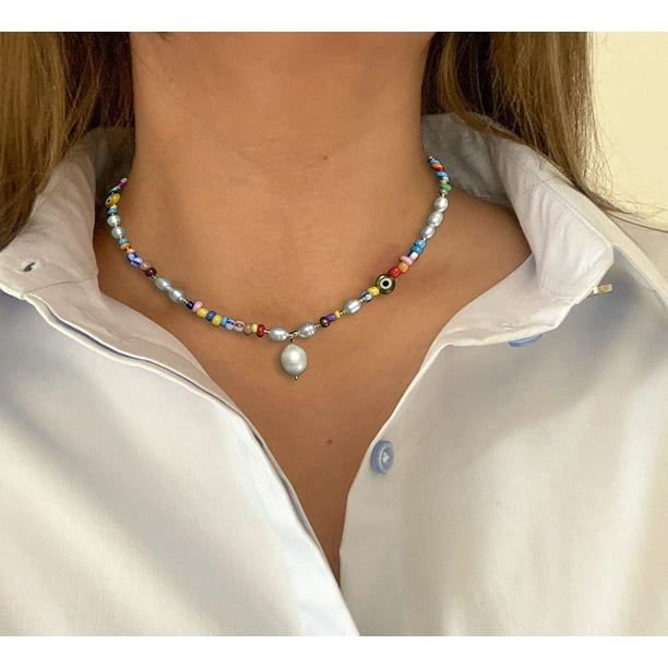 Hongchun Ladies Beaded Necklace Y2K Jewelry Necklace Natural Freshwater Pearls Summer Rainbow Colored Boho Jewelry Gifts for Women Teen Girls