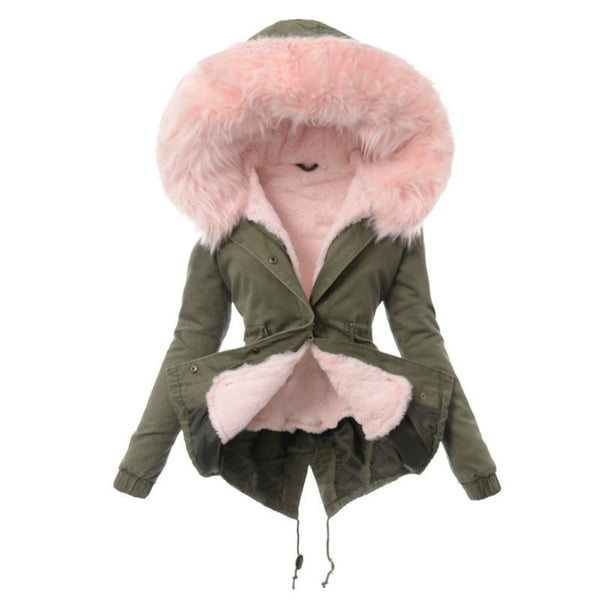 Women Coat Hooded Pockets Faux Fur Parka Jacket - Walmart.com