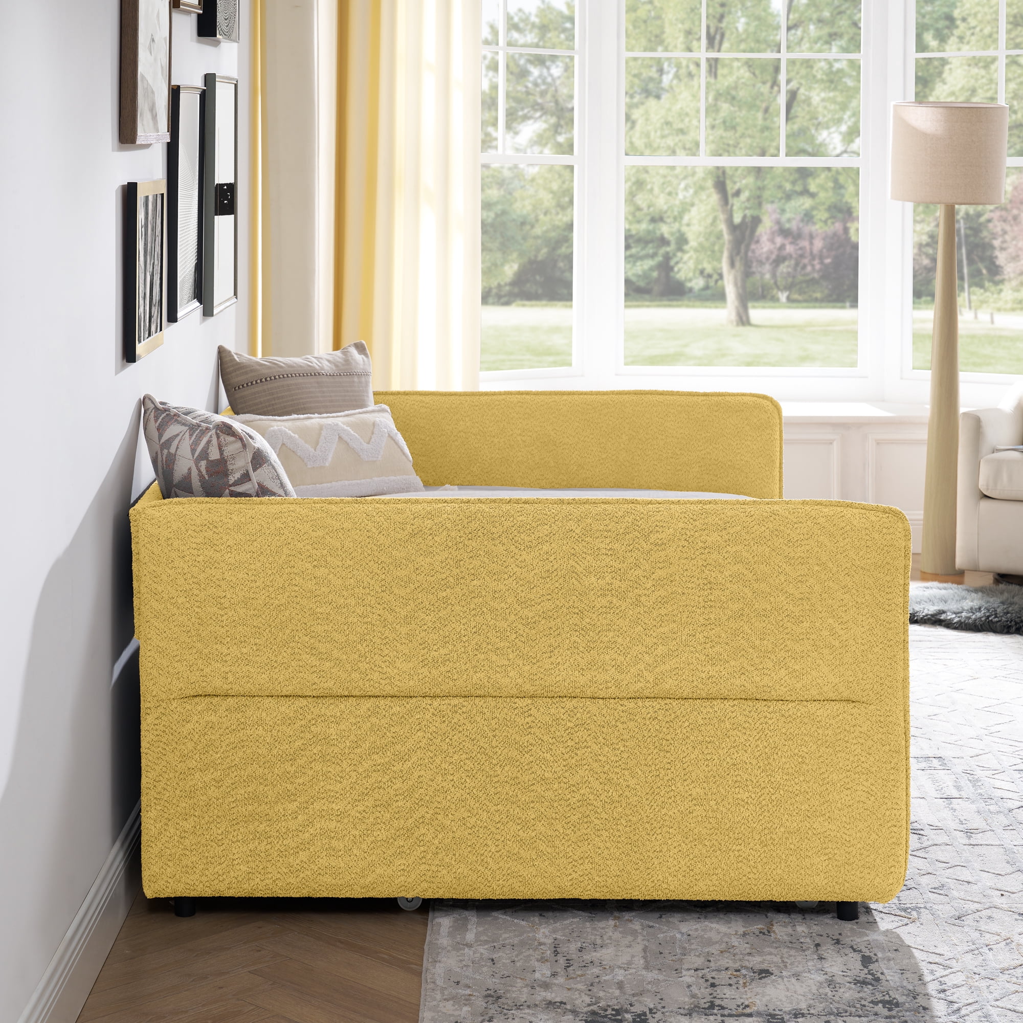 Mintazer Full Upholstered Daybed with Trundle, Boucle Fabric Sofa Bed for Living Room & Bedroom, Yellow