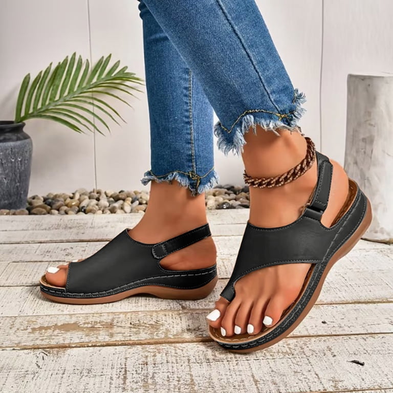 black comfortable dress sandals Chenyee Open Toe Sandals for Women Comfortable Back Strap Orthopedic Dress Sandal Casual Walking Wedge Slingback Flip Flops Black Size 8, Women's