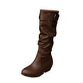 thumbnail image 2 of Viluyesy Slouch Boots for Womens, Chunky Heels Wide Calf Round Toe PU Leather Knee High Boots Brown, 2 of 9