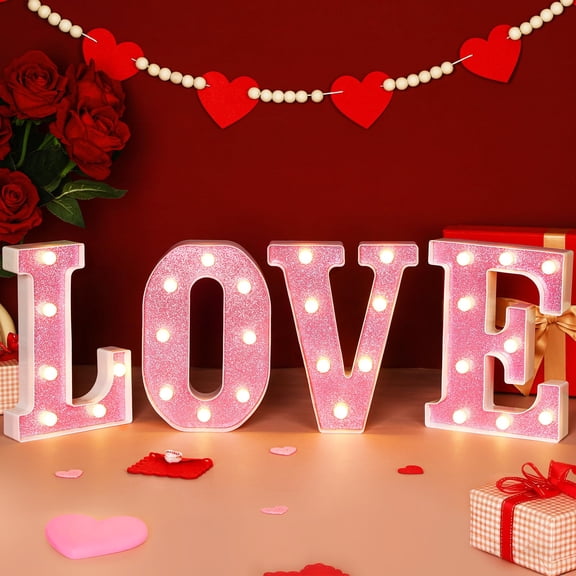 NOVWANG LED Love Letter Light Up Sign, Day Home Decor for Wall Tabletop, Pink Glitter Decoration for Romantic Home Decor Wedding Party Supply C113