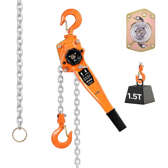 VEVOR Manual Lever Chain Hoist, 1-1/2T 3300LBS Capacity Heavy Duty Come Along, 20FT Lift G80 Alloy Steel Chain With Dual Pawl Mechanical Brake,360°Rotating Hooks, for Warehouse Construction Garage