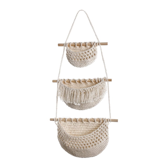 Cestas colgantes de frutas tejidas a mano, decorativas, para almacenar plantas de interior, para pared Beige