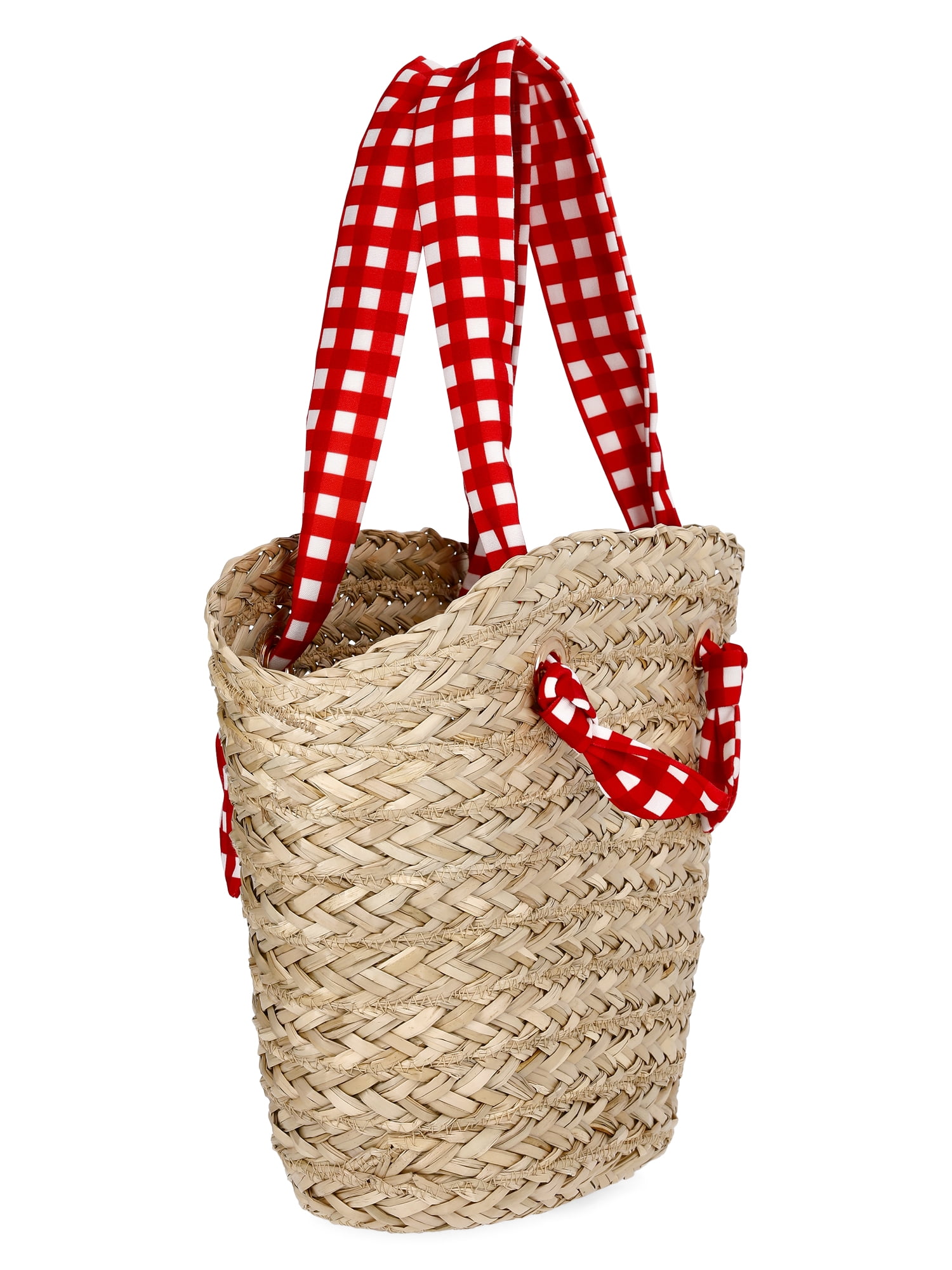 Time and Tru Women's Seagrass Beach Tote, Natural/Red