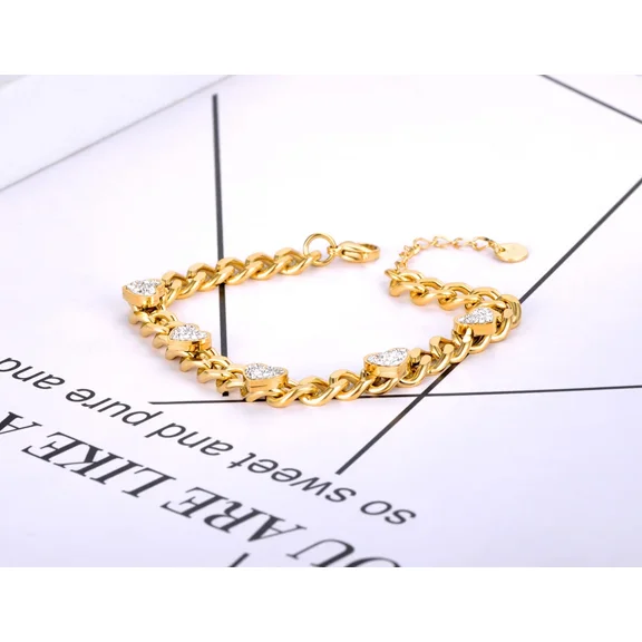 14K Yellow Gold Chain Link Bracelets Trendy Golden Color Rhinestone Heart Charm Bracelet For Women