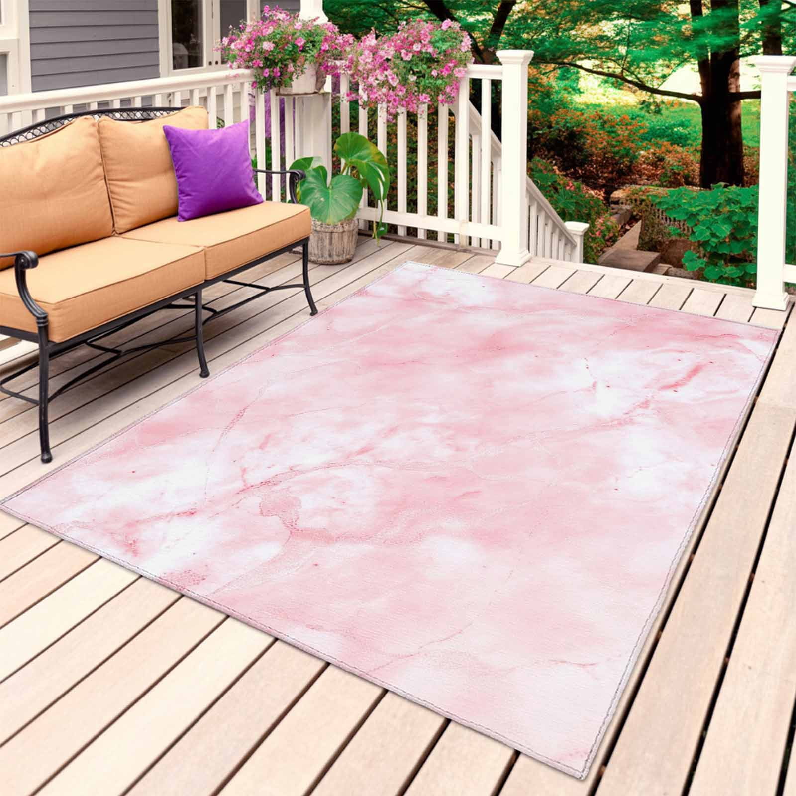 Outdoor Rug 3x5 ft Pink Marble Outdoor Large Area Rug Non Slip Rubber Ombre Abstract Art Front Door Mat RV Rug Camping Carpet Patio Outdoor Rugs for Backyard Balcony Deck Porch Indoor