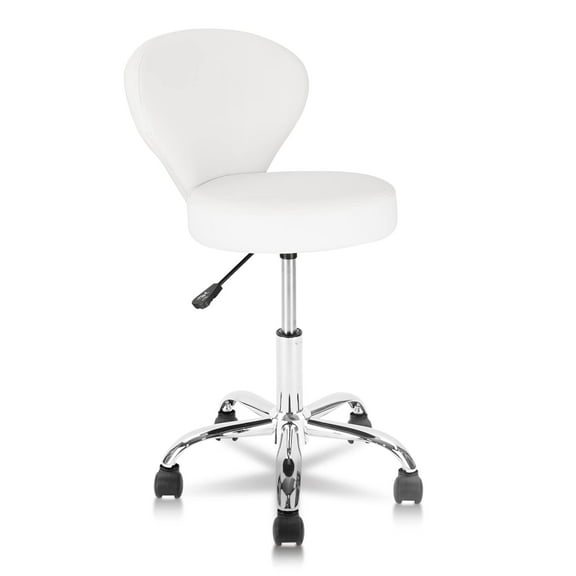 KLASIKA Adjustable Rolling Salon Stool with Backrest (White)