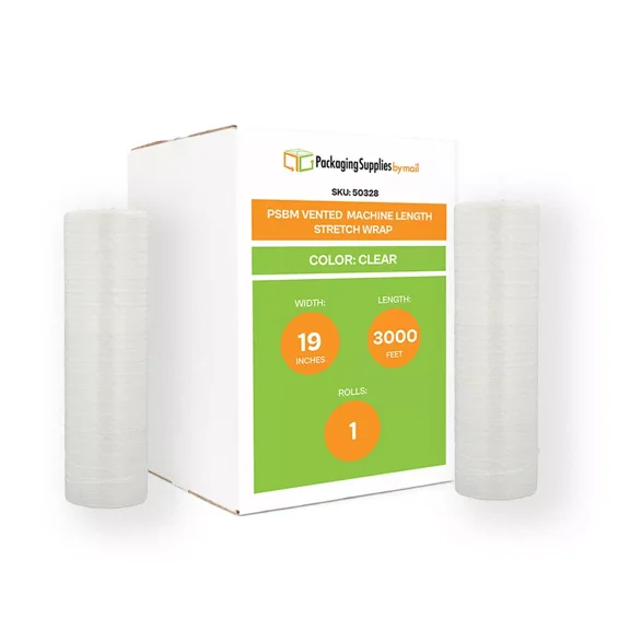 PSBM Vented Machine Stretch Wrap 19" x 3000' 1 Roll Plastic Clear Film Enhanced Airflow for Frozen Foods
