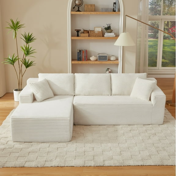 MAYEERTY Corduroy L-Shape Cloud Sectional Sofa with Deep Seat, Minimal Luxury Modular Couches for Apartment, 103*65*34"White