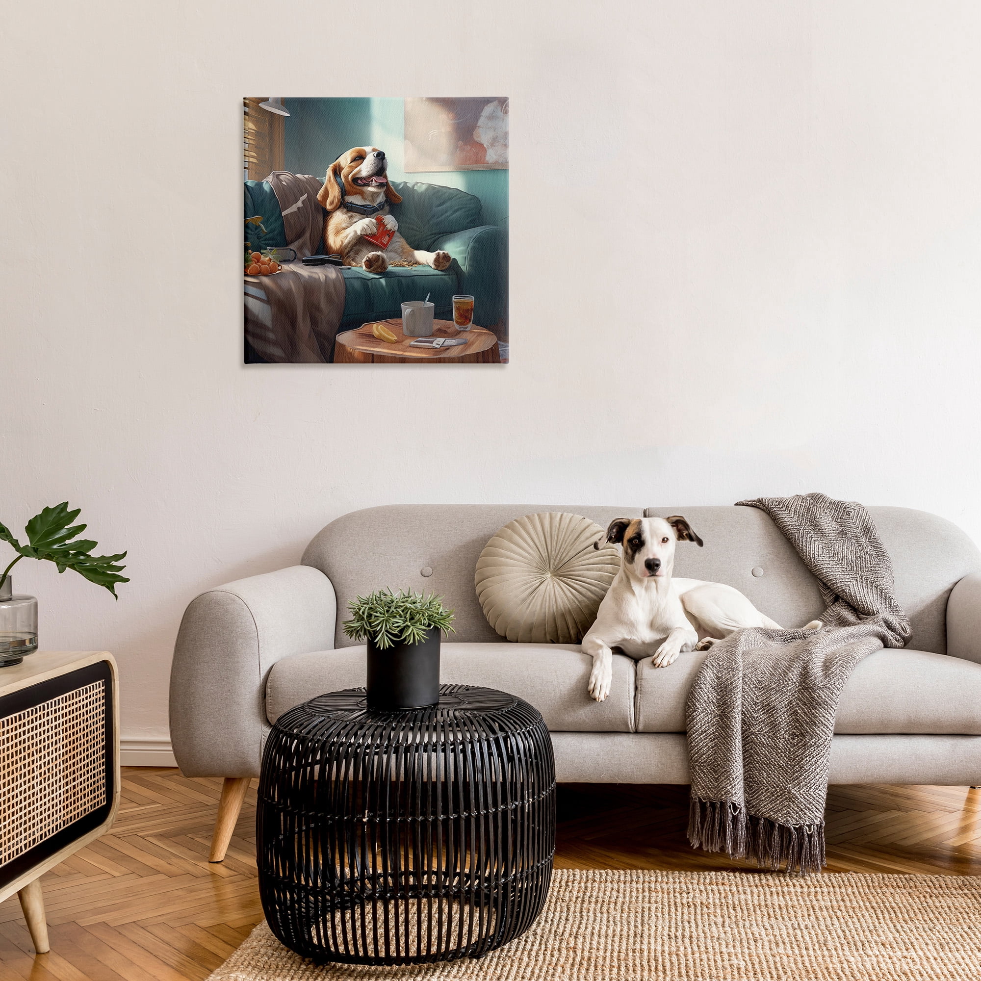 Stupell Industries Happy Dog on Couch Animals & Insects Painting Gallery Wrapped Canvas Art Print Wall Art, 30 x 30