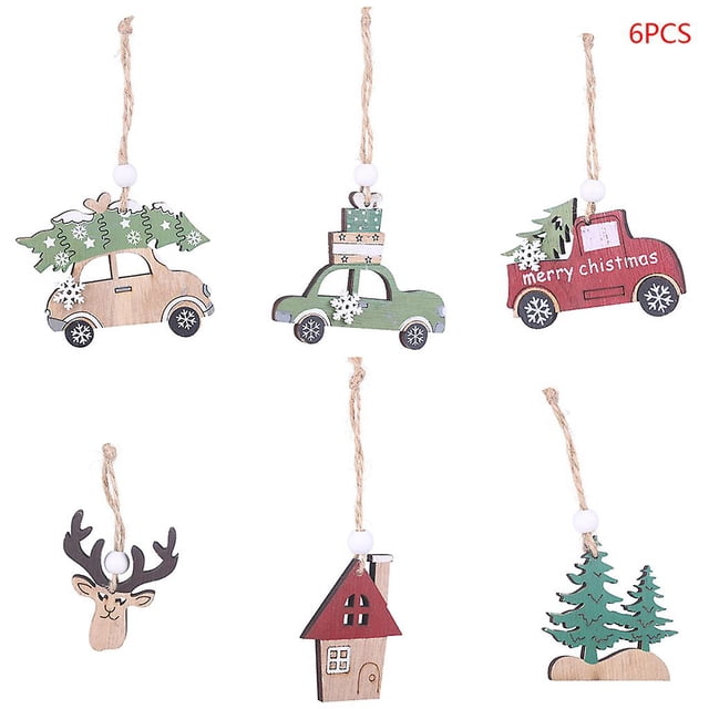 6 Pcs Xmas Tree Decor Wooden Hanging Pendants Christmas Cabin Elk Car Ornaments