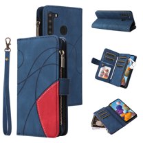 Multifunctional Case for Samsung A21,[RFID Blocking] 9 Credit Cards Holder with Wrist Strap, Premium PU Leather Zipper Wallet Purse Magnetic Flip Phone Cover for Samsung Galaxy A21, Blue