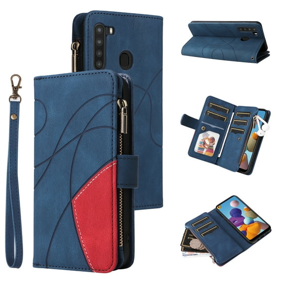Wallet Case for Samsung Galaxy A21, PU Leather 9 Card Slots with 1 Zipper Storage Bag Shockproof Cover for Samsung Galaxy A21