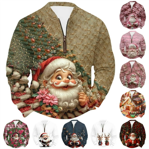 BiZtdJrK Mens Christmas Sweatshirts Casual Quarter Zipper Pullover Tops Funny Santa Print Long Sleeve Shirts, Multicolor, S