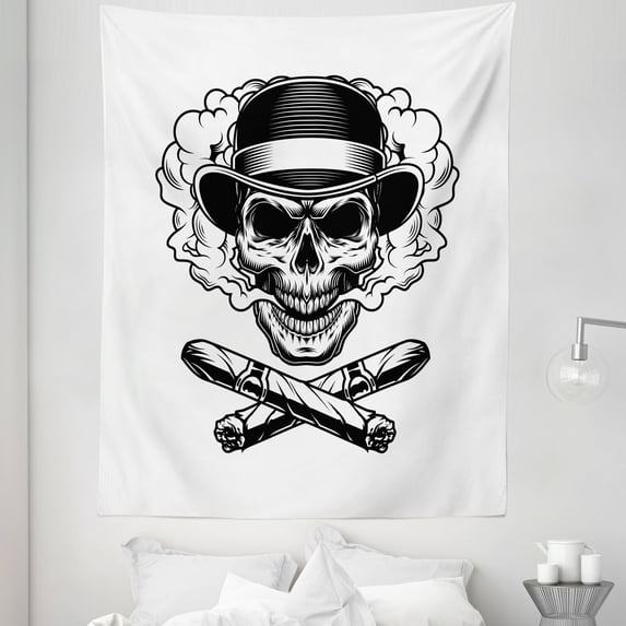 Skull Smoking Tapestry, Skeleton Head Wearing Vintage Fedora Hat and Crossed Cuban Cigars, Fabric Wall Hanging Decor for Bedroom Living Room Dorm, 5 Sizes, White Charcoal Grey, by Ambesonne
