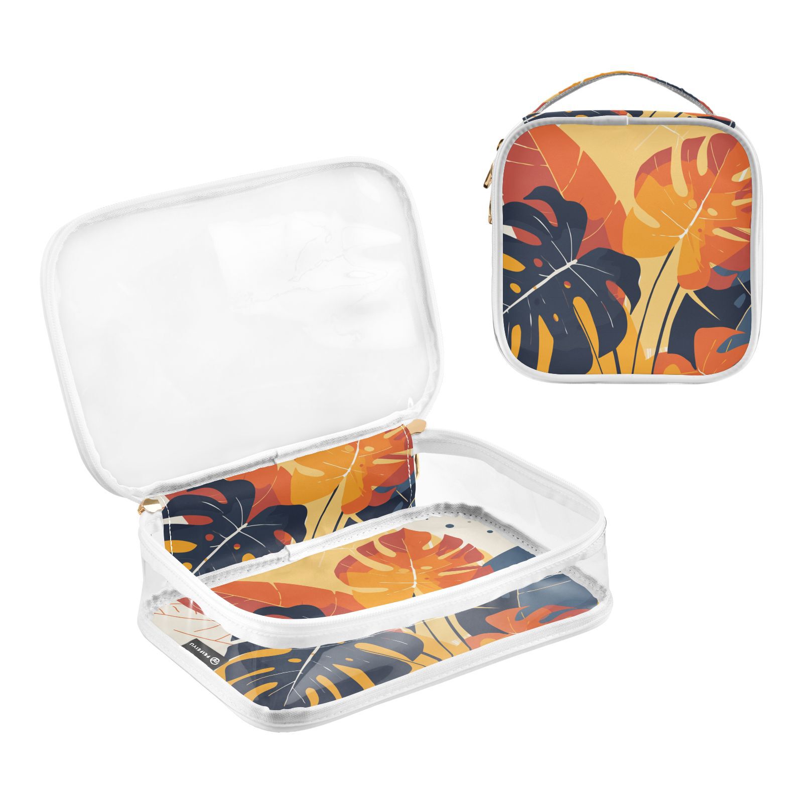 Clear Makeup Bags with Handle Large Opening 2 Pack Set Toiletry Bag Quart Size Bag, for Women Man Traveling Travel Essentials, Toiletries and Other. Tropical Plant Leafs