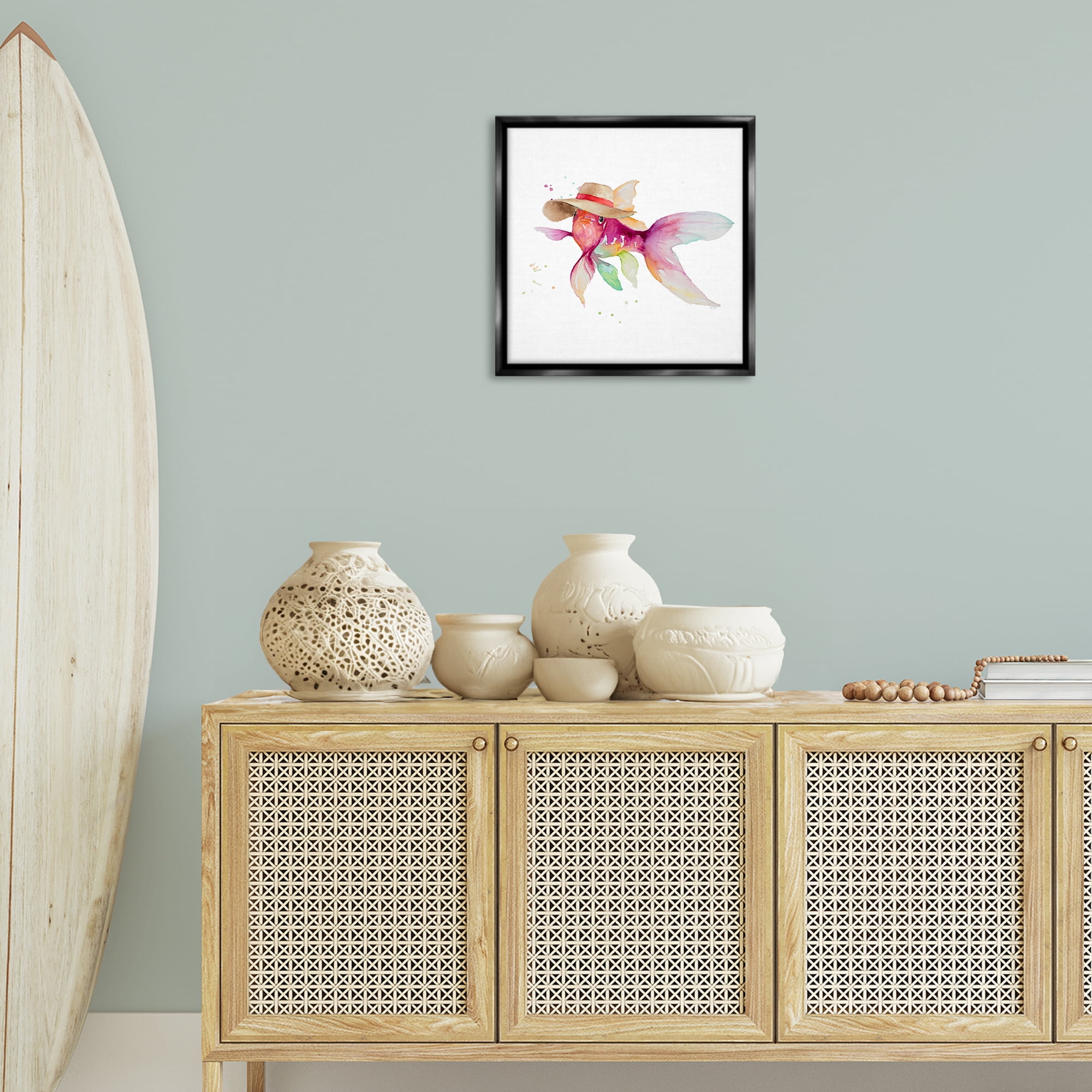 Stupell Industries Beach Fish Watercolor Novelty Painting Black Floater Framed Canvas Art Print Wall Art, 18 x 18