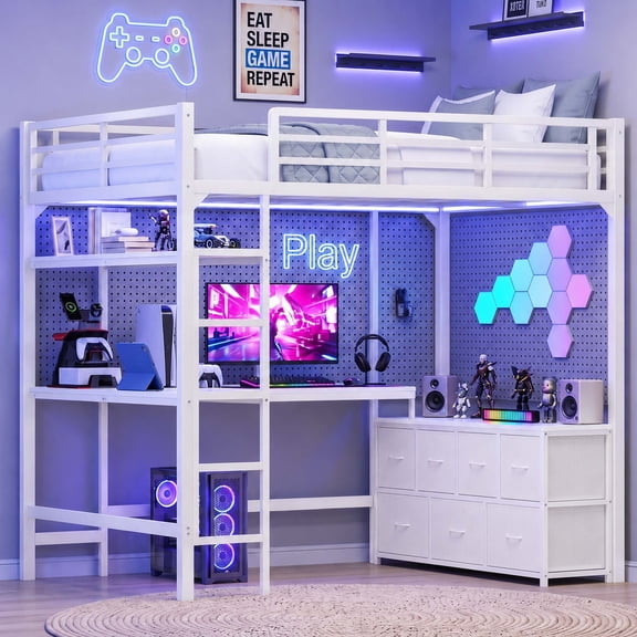 Miniyam Full Size Metal Loft Bed with Desk, 7 Drawers, LED & Charging Station, White