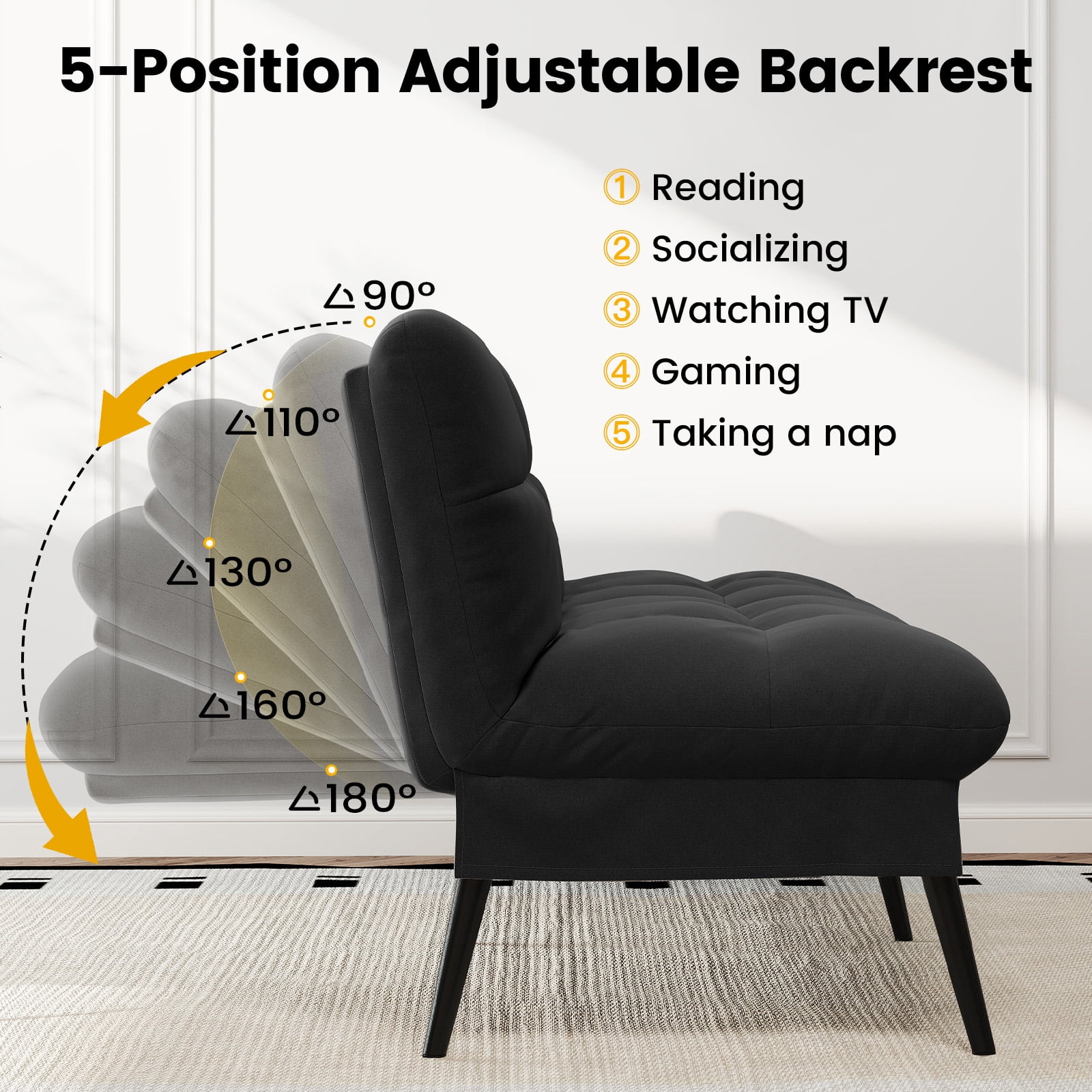 CloudRest Pro 72" Modern Convertible Futon Sofa Bed, Upholstered Futon Couch with 5 Adjustable Backrest Angles,Suitable for Apartment,Living Room,Black
