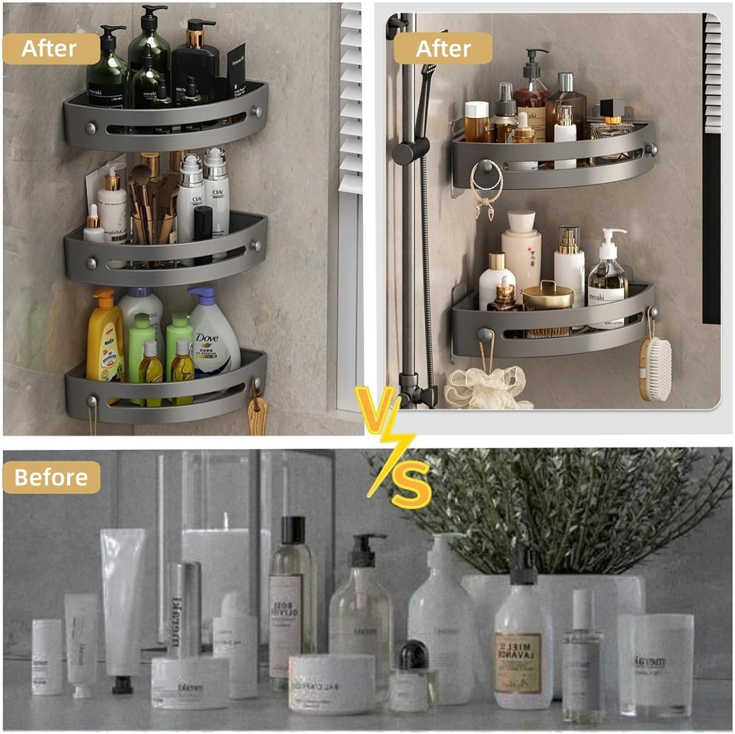 2-Tier Corner Shower Shelf, No Drilling Adhesive or Screw Mount, Heavy Duty Bathroom Corner Shelf Organizer with 24lbs Capacity, No Hooks, Space Saving Quick-Dry PP Shower Caddy for Bath Tub - Black