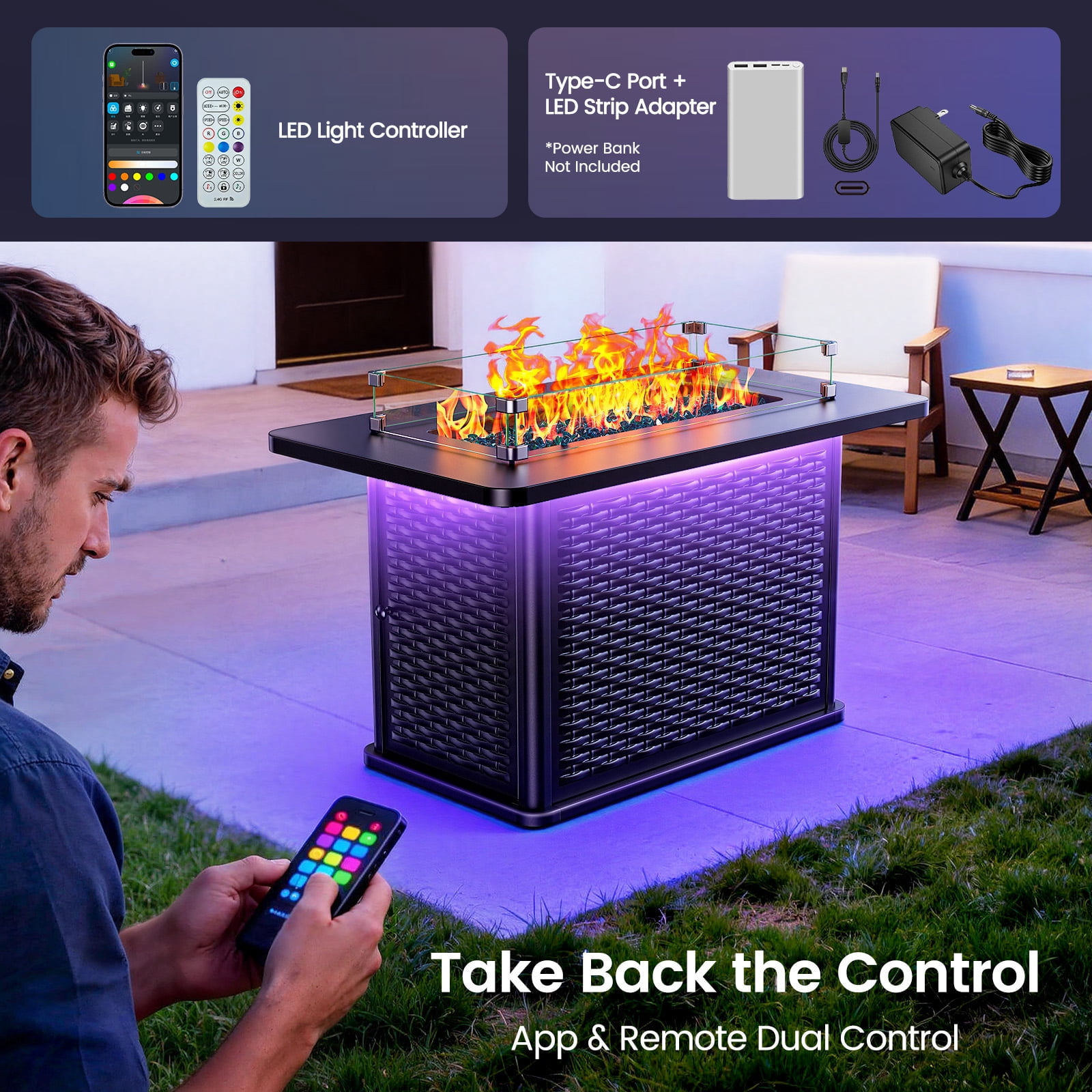 Philergo 43" Propane Fire Pits with RGB Strip, 60,000 BTU Rectangular Gas Fire Pit Table with Glass Beads, Wind Guard and Waterproof Cover for Outside, Patio, APP or Remote Control