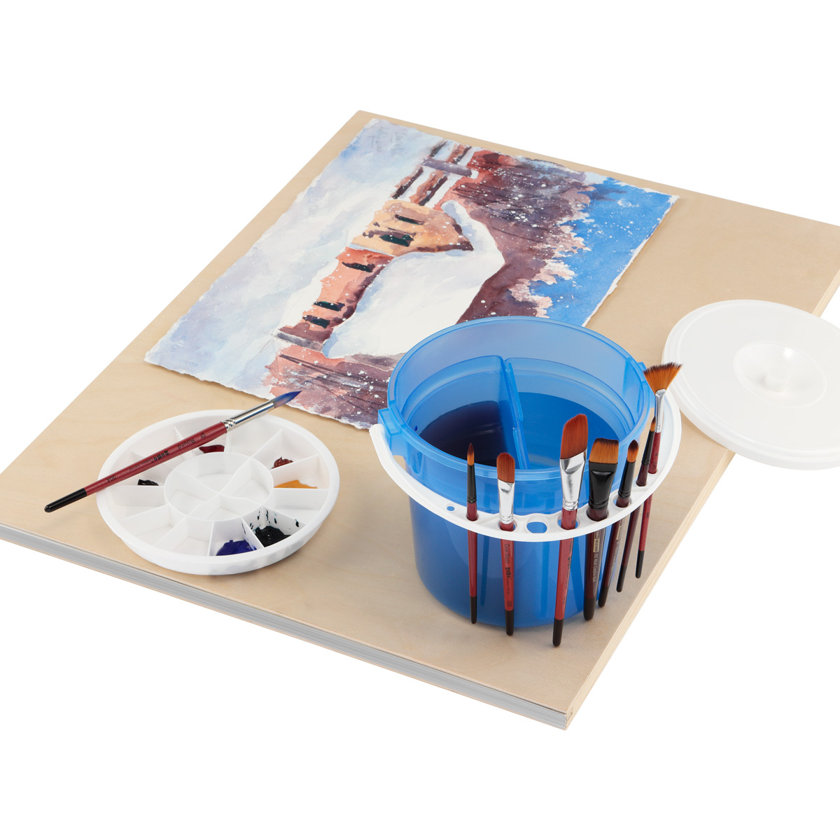 Creative Mark Dupre Art Brush Basin - 6.5" Paintbrush Water Bucket w/ Dual Half-Size Compartments, 12-Well Palette Plus 4 Interior, Deep Palette, Brush Holder Handle, Easy to Clean, Portable Design