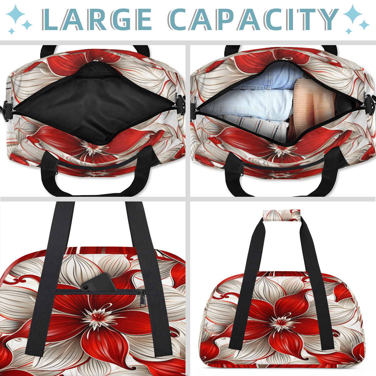 Herdesigns Red Floral Sports Duffle Bag for Women & Men, Modern Flowers Gym Bag Dance Bag Overnight Bag Carry On Weekender Travel Bag