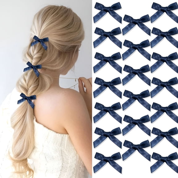 TUWAFE 20PCS Navy Blue Mini Hair Bows Small Silky Satin Women Cute Ribbon Bowknot Metal