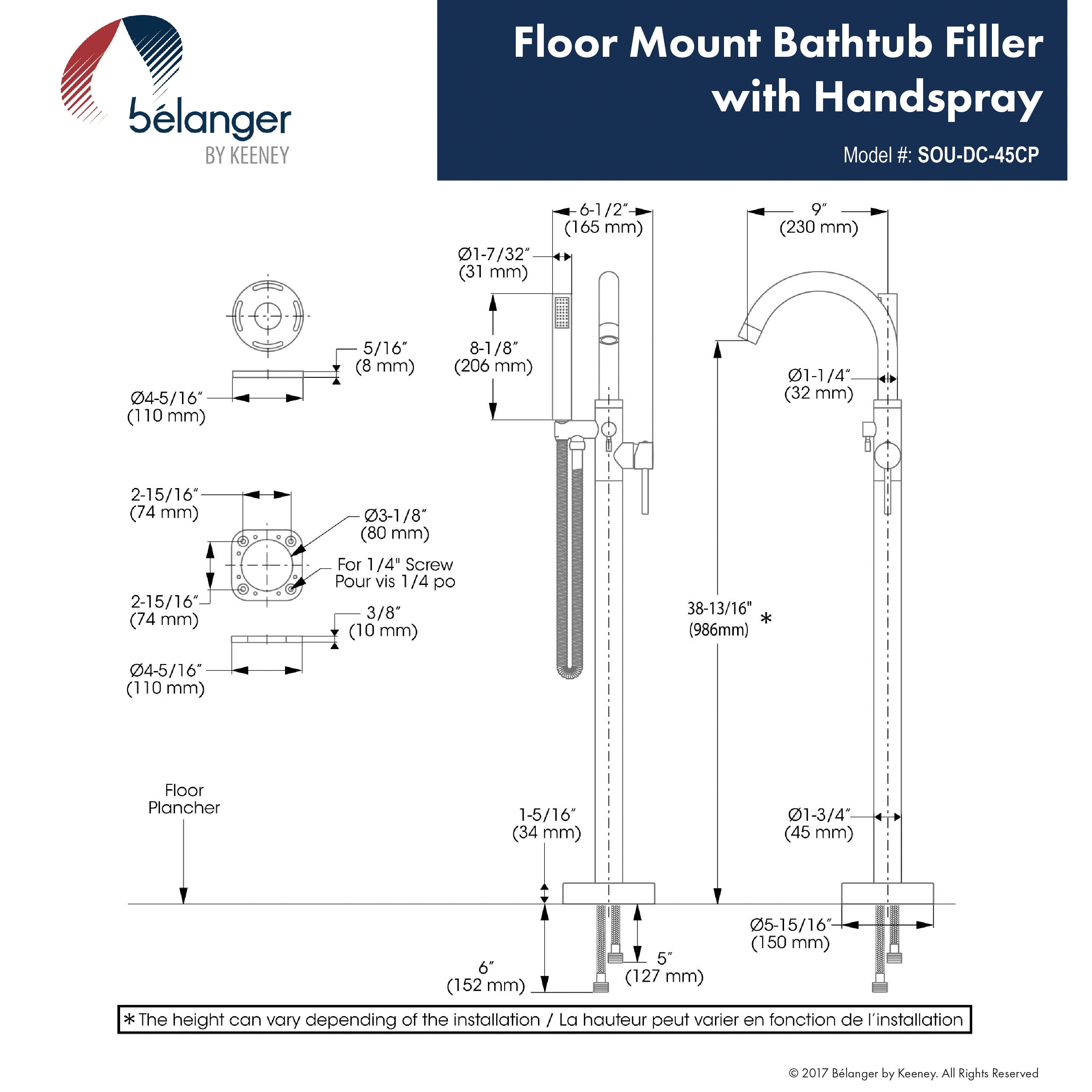 Belanger U-DC-45CP Single Handle Floor Mounted Freestanding Tub Filler, Chrome