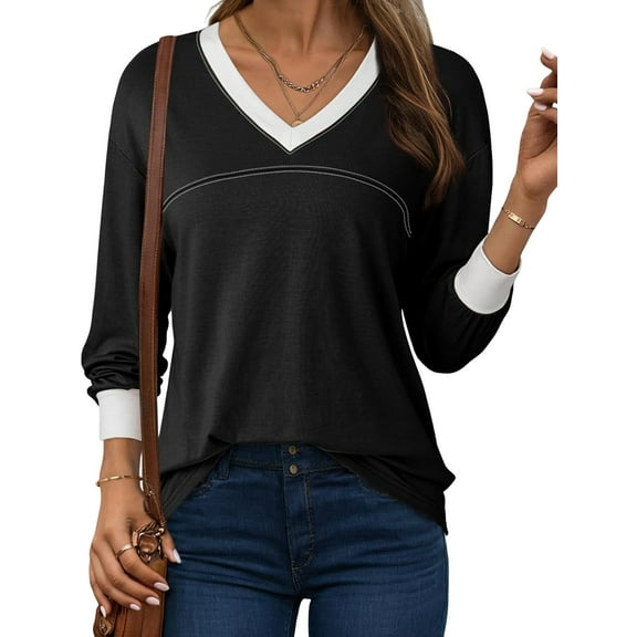 Womens Long Sleeve Tops Fall Tops Casual Soft V Neck Oversized T Shirts Clothes Fashion Outfits Black XXL