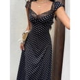 thumbnail image 3 of Black And White Polka Dot Lace Trim Sweetheart Neck Short Sleeve A-Line Midi Dress For Women, 3 of 6