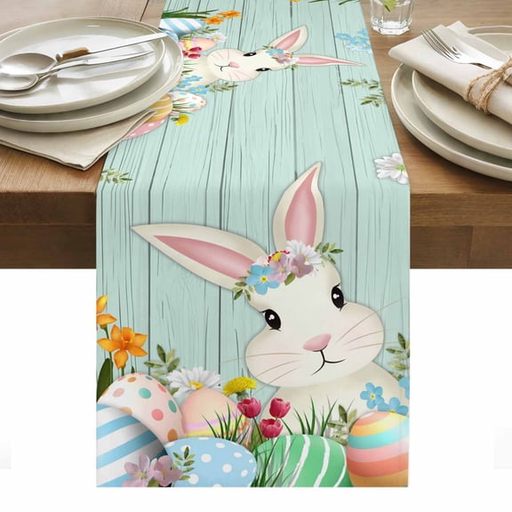 Easter Bunny Table Runner - 60 Inch Long, Kitchen Dining Table Runner Dresser Scarves, Spring Watercolor Eggs Flower Wood Grain Teal Farmhouse Decor for Coffee Tables Wedding Party Banquet