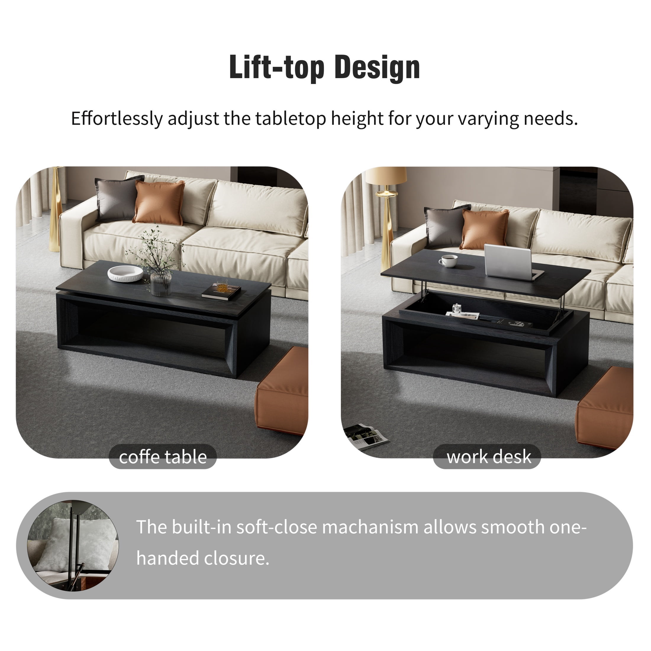 Lift-Top Adjustable Coffee Table with Hidden Storage, Solid Wood Veneered Modern End Table, Accent Cocktail Table