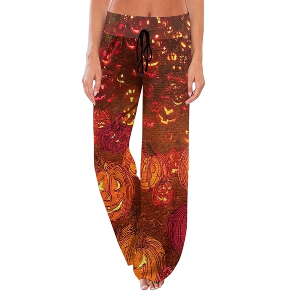 IYYVV Halloween Pajama Pants for Women 2026 Pjs Bottoms Drawstring Wide Leg Jogger Lounge Yoga Sweat Pants Orange 2XL